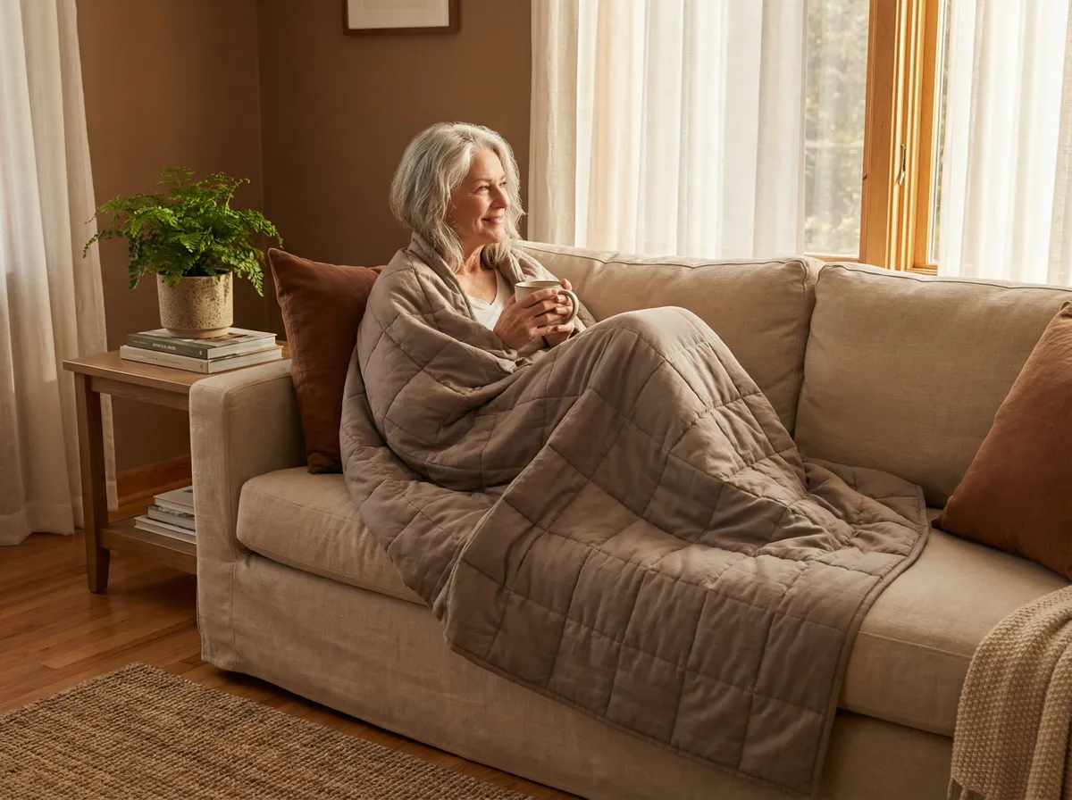 Seniorin entspannt sich gem&uuml;tlich auf dem Sofa